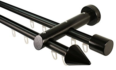 Innenlauf Gardinenstange 2-läufig aus Aluminium und Holz schwarz, 20 mm, Endstück Kegel, 200 cm