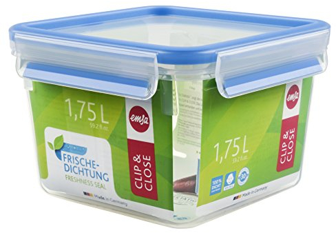 Emsa 508537 Food Square Contenitore con coperchio, 1,75 litri, trasparente / blu, Clip & Chiudi