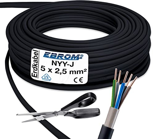 Cable para corriente de alta intensidad, NYY-J, 5 x 2,5 mm², cable subterráneo, plástico, 25 cm, color negro