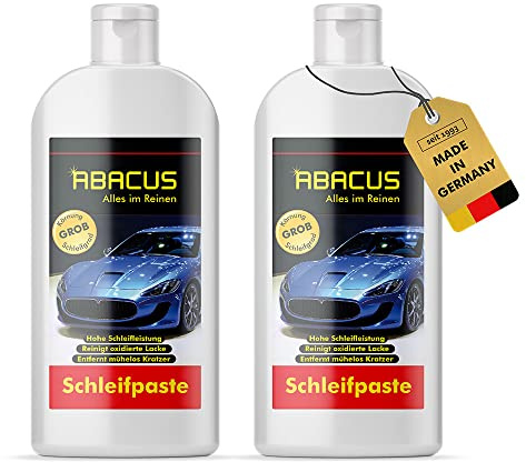 ABACUS® Schleifpaste Autolack, entfernt Kratzer und Verwitterung, Schleifpolitur Lack, Hologramm-Entferner, Lackpflege, Reinigungspaste Lackoberflächen, Reinigungspaste Metall – Schleifpaste 2x 500 ml