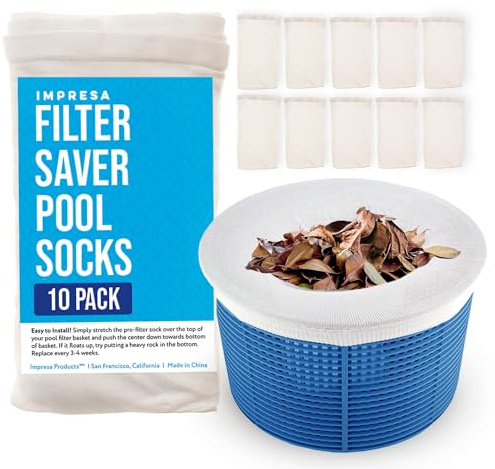 IMPRESA Pool Skimmer Socks 10-Pack - Reusable Nylon Mesh Filter Socks for Skimmer Baskets - Fits Inground & Above Ground Pools - Catches Leaves & Debris, Prevents Clogging