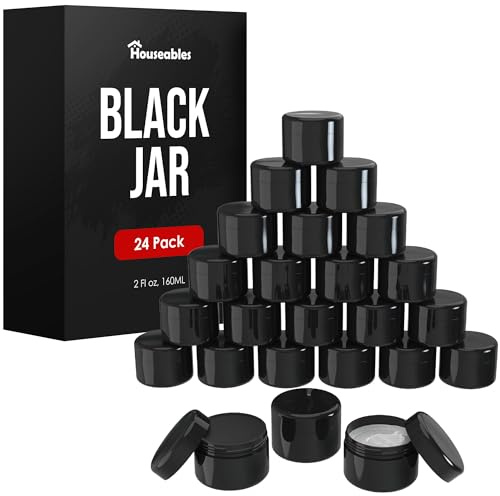Houseables Cosmetic Containers With Lids, Black Jars, Lotion Container, 2 Oz Jars With Lids, Small Plastic Pot for Body Butter, Cream, Makeup, Powder, Body Scrub, Lip Scrub, Balm, Travel, Empty, 24 PK