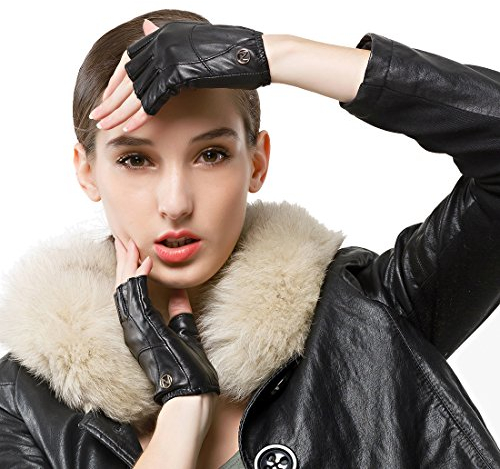 Nappaglo Damen Lederhandschuhe für fahren Halbfinger fingerlose Lammfell Leder Fitness Outdoor kurz ungefüttert Handschuhe (M (Umfang der Handfläche:17.8-19.0cm), Schwarz)