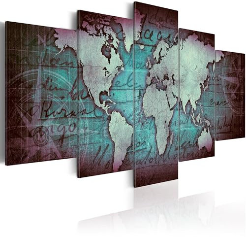 B&D XXL Acrylglasbild Weltkarte 200x100 cm 5 Teilig Wandbild auf Acryl Glas Bilder Kunstdruck Moderne Wanddekoration - Reise Vintage Kompass Kontinete blue k-A-0062-k-o