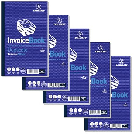 Utmaning 210 x 130 mm duplicerad faktubok med moms, utan karbonit, 100 sidor Set of 5 Duplicate Invoice Book with Vat
