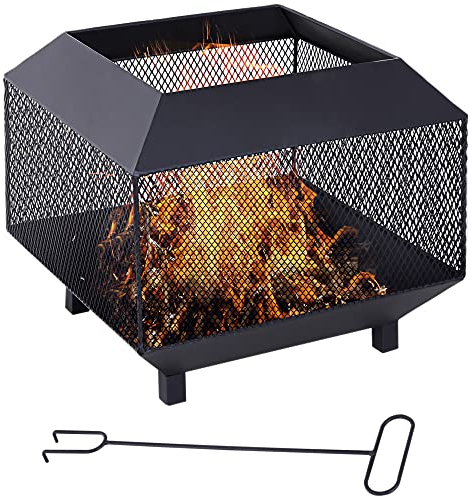 Outsunny Metal Square Fire Pit Outdoor Mesh Firepit Brazier w/Lid, Log Grate, Poker for Backyard, Camping, Bonfire, Wood Burning Stove, 44 x 44 x 40cm, Black