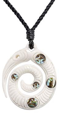 81stgeneration Hand-Carved Bone Kiwi Bird Koru Pendant with Paua Shell - New Zealand Inspired Cord Surfer Necklace for Men - Women's Maori-Style Amulet - Tribal Handmade Statement Jewellery