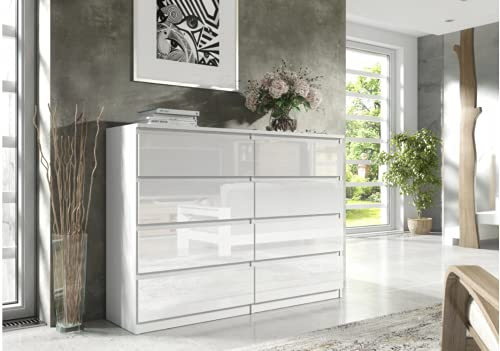 3xE Living Kommode mit 8 Schubladen in Weiß/Weiß in Hochglanz 120 cm