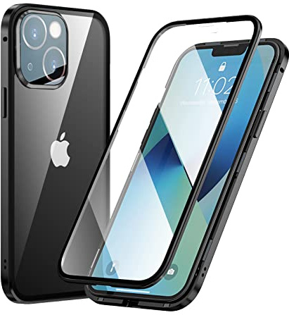 MIMGOAL Case for iPhone 13 Mini, Magnetic Metal Bumper 360 Degree Full Body Protective Case with Front and Back Transparent Tempered Glass Crystal Clear Cover for iPhone 13 Mini 5.4, Black