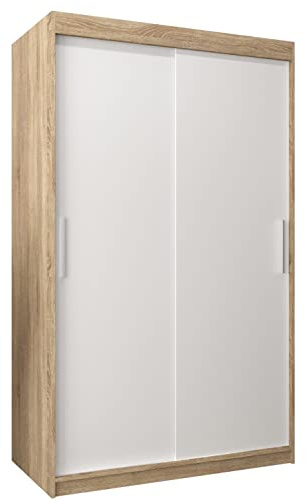 MEBLE KRYSPOL Tokyo 120 Kleiderschrank mit Zwei Schiebetüren für Schlafzimmer – moderner Aufbewahrungsschrank mit Kleiderstange und Regalen – 120x200x62cm - Sonoma + Mattweiß