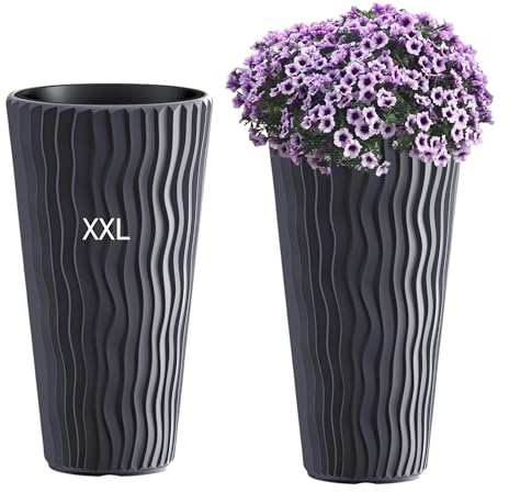 MELTOM Pflanzkübel XXL hoch mit Einsatz, Blumentopf 33,5 x 61 cm Anthrazit | Pflanzkübel XXL: Gefäß 37 L, Einsatz 11 L mit Griffen – 3D-Wellenoptik für Wohnzimmer, Büro, Balkon, Terrasse und Garten