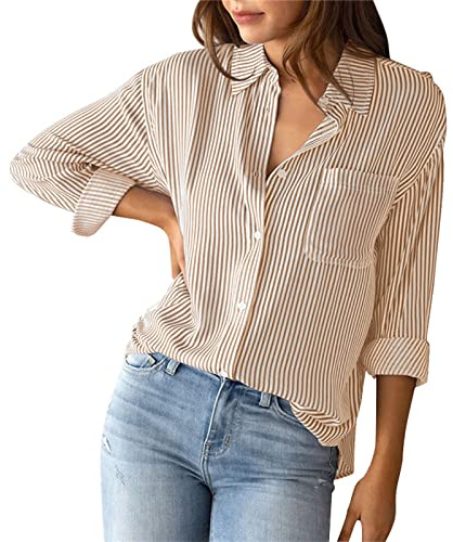 Chemisier élégant à manches longues pour femme - Rayé - Avec boutons - Décontracté - Pour le bureau - En coton - Tunique, beige, XXL