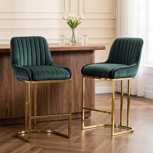 chairus Bar Stools Set of 2 Velvet Kitchen Breakfast High Bar Chairs with Backrest Counter Dining Stools with Metal Legs(Green-2)