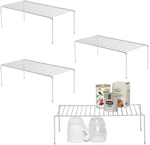simplywire - Kitchen Cupboard Organisers - Pack of 4 - Chrome | Food Tin & Mug Storage Shelves - Coated Steel