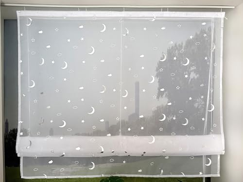 Devola Raffrollo mit Glanzmuster Raffgardinen Modern Küche Transparent Fertiggardine Gardinen Silber Glänzend Voile Raffrollo HxB 140x120cm Sternmuster mit Klettband 1 Stück