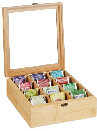 Relaxdays Scatola Porta tè e Tisane, 12 Scomparti, Cofanetto con Coperchio, HLP: 9,5 x 26,5 x 28,5 cm, bambù Naturale, 9.5 x 26.5 x 28.5 cm