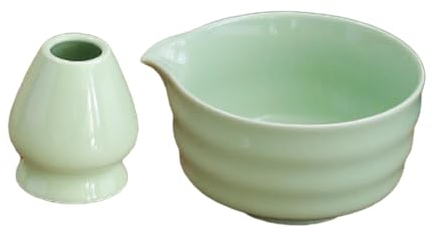 kowaku 2-teilige Teeschale mit Ausgießer, Keramik-Matcha-Schale mit Schneebesenhalter, traditionelle Matcha-Schale, hellgrün