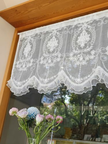 Devola Scheibengardine Barock Küchengardinen Stickerei HxB 65x170cm Weiß | Bistrogardine mit Spitze Französisch Gardine Transparente Deko Kurzvorhänge für Kleine Fenster 1 Stück