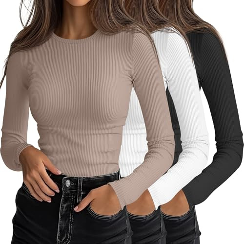 Ficerd - Paquete de 3 Camisetas de Manga Larga para Mujer, Cuello Redondo, Corte Entallado, Punto Acanalado, Informal, básico(Negro, Caqui, Blanco,M)