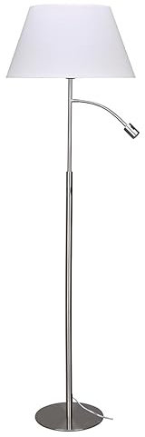 MeLiTec LED Stehleuchte T-Lounge ST53 in Nickel-Matt mit Weißem Stoffschirm – Inklusive Filament Leuchtmittel und Separat Schaltbarem Leselicht