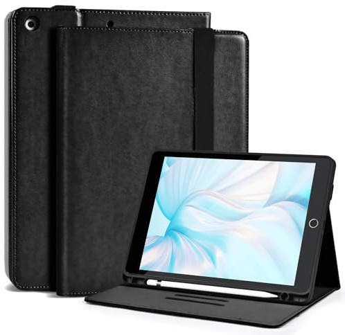 4UBonLife Coque pour iPad 9ème/8ème/7ème Génération 10,2 Pouces 2021/2020/2019, Housse Étui de Protection Angles de Vision Multiples, Coque Cuir PU avec Porte-Stylet Portefeuille Tablette Case,Noir