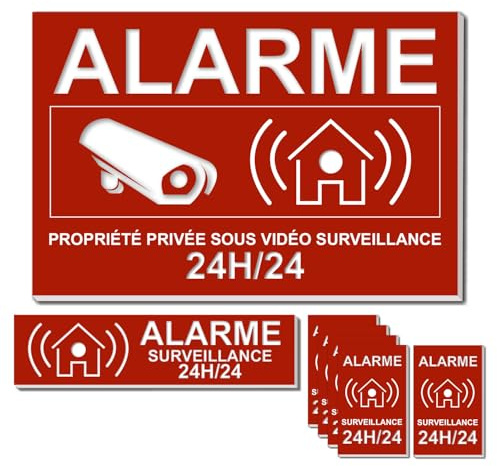 Ensemble de plaques d'alarme en acrylique gravée, 150 x 100 mm, 100 x 25 mm, 40 x 25 mm, Surveillance 24h/24, Rouge, Solide dans le temps