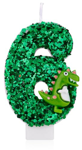 Dinosaurier-Geburtstagskerze, Grüne Pailletten Geburtstagskerze Zahlenkerze 3D-Dinosaurier Kuchenkerze für Geburtstagsparty Dinosaurier Mottoparty Dekorationen (6)