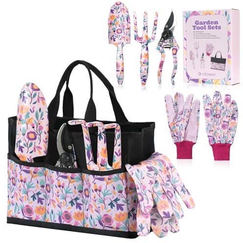 Velway 5-Piece Gardening Tools Set - Mum's Gift with Bags & Gloves, Floral Print Metal Garden Tools Ideal for Ladies, Mothers Day, Christmas, Birthday
