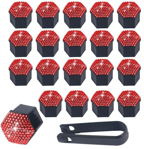 SYSUII 21mm Auto Radschraubenkappen, 20 Stück Radmutternkappen Mit Entfernung Werkzeug Sechskant-Reifen Bling Diamant Muttern-abdeckungen Radbolzen Kappen Rad Mutter Cap Radbolzen Schutz Cover-Rot