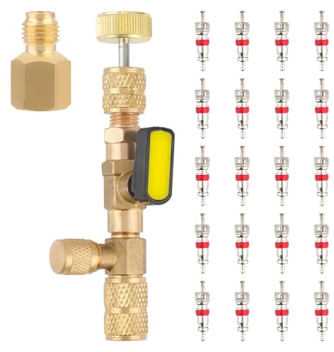 Gosknor Removedor de Nucleo de Válvula, con Dos Tamaños Puerto SAE 1/4 y 5/16 Adaptador de Latón Herramienta para Válvulas Schrader con 20 Núcleos de Válvulas para Sistemas de Refrigerante R22 R410A