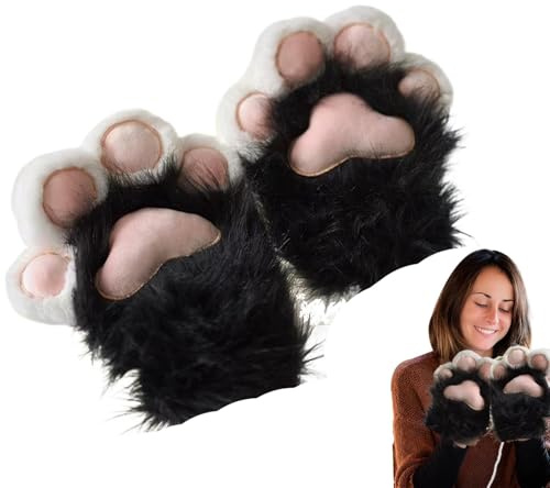 Hjatirace Cartoon Plush Cat Paw Gloves, Cute Animal Kitten Paws Mitten, Warm Furry Gloves, Easy To Use, Portable for Holiday Season