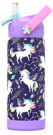 Ntswasd Trinkflasche Edelstahl Strohhalm-Thermosflasche 550ml-BPA Frei-Auslaufsicher-Thermo Wasserflasche für Schule,Sport,Kinder,Fitness(Einhorn)