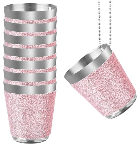 VEGCOO 8 Stück Shot Becher Metall zum Umhängen, Schnapsgläser mit Kette, 30ml Fassungsvermögen Schnapsgläser, für Junggesellenabschiede, Karnevalsfeiern, Hochzeitsfeiern (Silber Rosa)