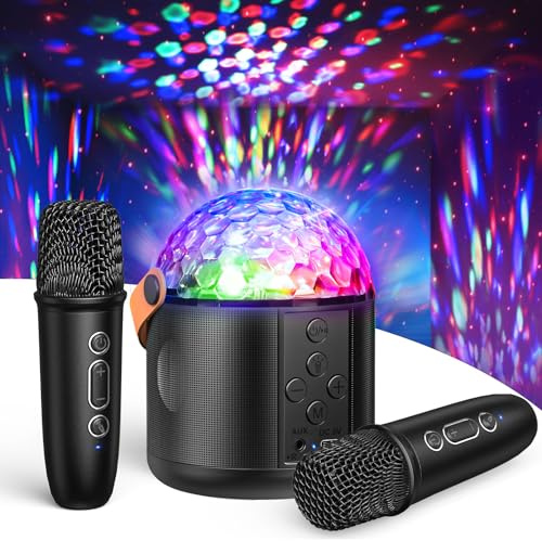 Mini-Karaoke-Maschine mit Disco-LED-Lichtern für Kinder und Erwachsene, Kinderspielzeug, Geschenke für 4 5 6 7 8 Jahre alte Jungen, tragbarer Bluetooth-Lautsprecher mit 2 kabellosen Mikrofonen