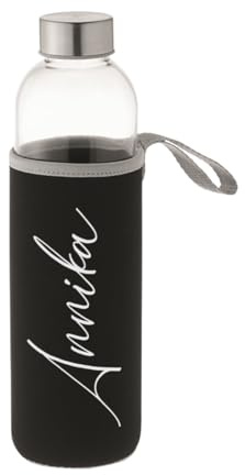 Personalisierte Trinkflasche 750 ml, Glasflasche mit Name, Neoprenhülle, auslaufsicher, ideal für Sport, Büro, Schule