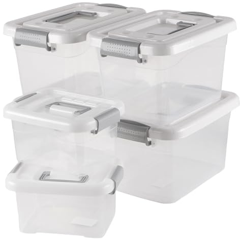 CHUEN 6 stycken, 2 storlekar, förvaringslådor med lock, 27 x 20 x 16,5 cm och 20 x 15,5 x 11 cm, transparent plastbehållare med vitt lock för vardagsrum, sovrum, garage