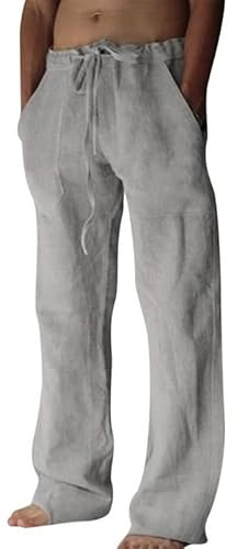 Litthing Pantalones de Lino para Hombre Pantalon de Jogging Algodón Pants Casuales de Verano con Bolsillos Color Sólido Pantalones Holgados con Cordón Pantalon Cómodos y Ligeros