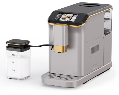 Garvee Fully Automatic Espresso Machine, with Milk Frother, One Touch Recipes, Intuitive Touch Display, 20 Bar Pressur & 15 Grind Settings for Latte, Cappuccino, Espresso, Built-In Grinder