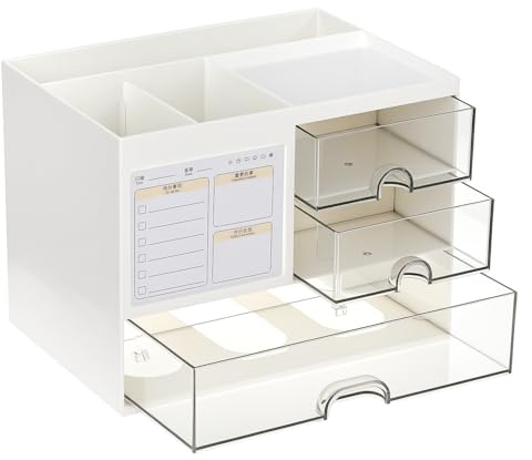 QWORK® Versatile Desk Organizer with 3 Drawers - 21 * 14.5 * 15.5cm - Waterproof & Large Capacity - Includes Reminder Notes