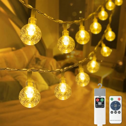 Bowfar Lichterkette Außen Aufladbare Batterie, 5M 50LED Kristall Kugel Lichterkette Batterie und Fernbedienung, 8 Modi IP65 Wasserdicht Globe Lichterketten für Balkon Party Outdoor Garten Deko