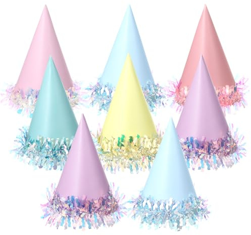 24 Pcs Iridescent Foil Pastel Rainbow Party Hats Colorful Birthday Party Cone Hats Pastel Paper Caps with Elastic String for Kids and Adults Birthday Baby Shower Bridal Shower Anniversary Decorations