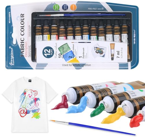 Caelura Textilfarbe Waschmaschinenfest, 12 x 7ml Stofffarben Waschfest | Stoffmalfarben Waschfest mit 1 Pinsel, für Baumwolle, Taschen, Schuhe, T-Shirts und kreative Textilgestaltung