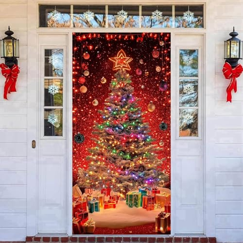 Cubierta elástica para puerta delantera de Navidad, 90 * 200 cm de decoraciones festivas para puertas, decoración de puerta elástica para fiestas navideñas, para el hogar, uso en interiores y