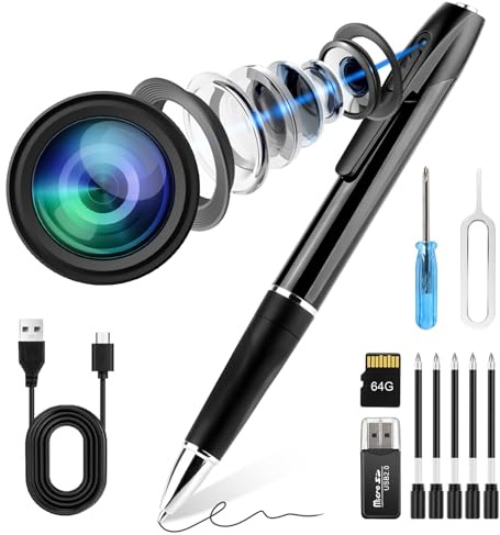 KQoolShuai Mini penna spia 1080P Full HD Videoregistratore con scheda da 64 GB, ricarica USB, telecamera di sorveglianza di sicurezza