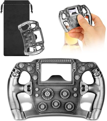 LULLEA Racing Steering Wheel Bottle Opener – Racing Car Gifts for Men, Dad – Silver Bar Accessory with Gift Bag – Perfect Gifts for Birthday, Fathers Day, Christmas, Pub Nights, Garden Parties