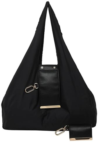 AUNMAS Faltbare Handtasche mit Schlüsselanhänger, Großes Fassungsvermögen, Wasserdichte Leder-Nylon-faltbare, Wiederverwendbare Einkaufstasche für Einkäufe, Marktreisen (BLACK)
