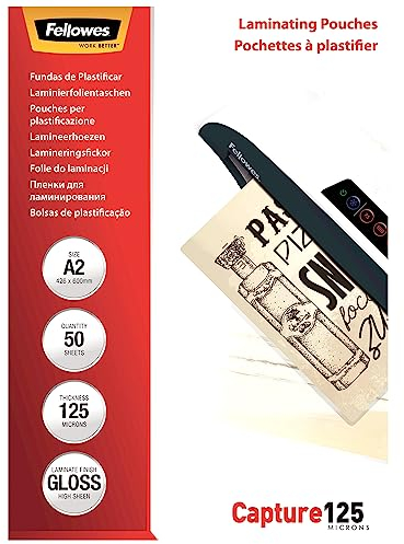 Fellowes Laminierfolien im Format A2, 125 Mikron (2 x 125 mic), glänzende Heißlaminierfolien, 50 Stück