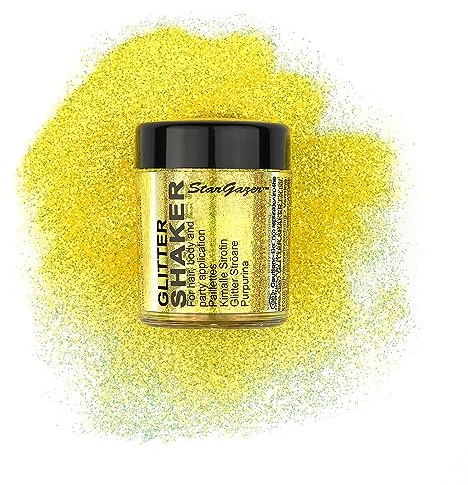 Stargazer UV Glitter Shaker, Yellow. Cosmetic glitter powder for use on the eyes, lips, face, body, hair and nails.