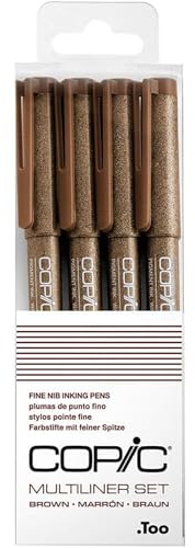 Copic Multiliner Set, Marrón, 4 Fineliner en varios grosores de trazo, rotuladores de dibujo con punta fina y tinta pigmentada resistente al agua