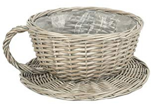 Antique Wash Willow Tea Cup and Saucer Basket Plant Pot Holder Indoor Outdoor Planter